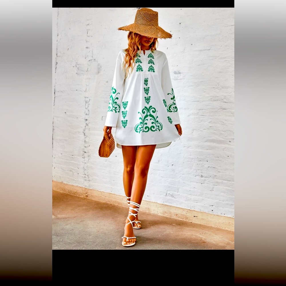 Shein graphic notched neck tunic mini white green long sleeve lined dress large
